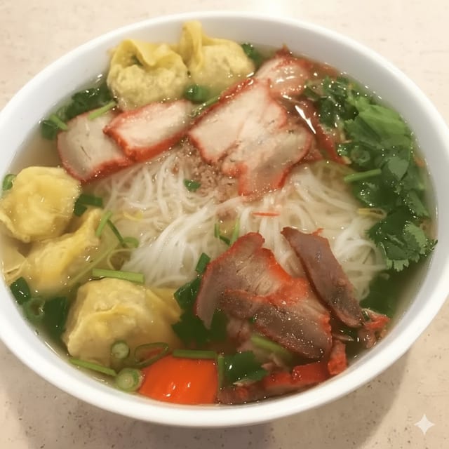Wonton & BBQ Pork Belly Rice Noodle Soup.